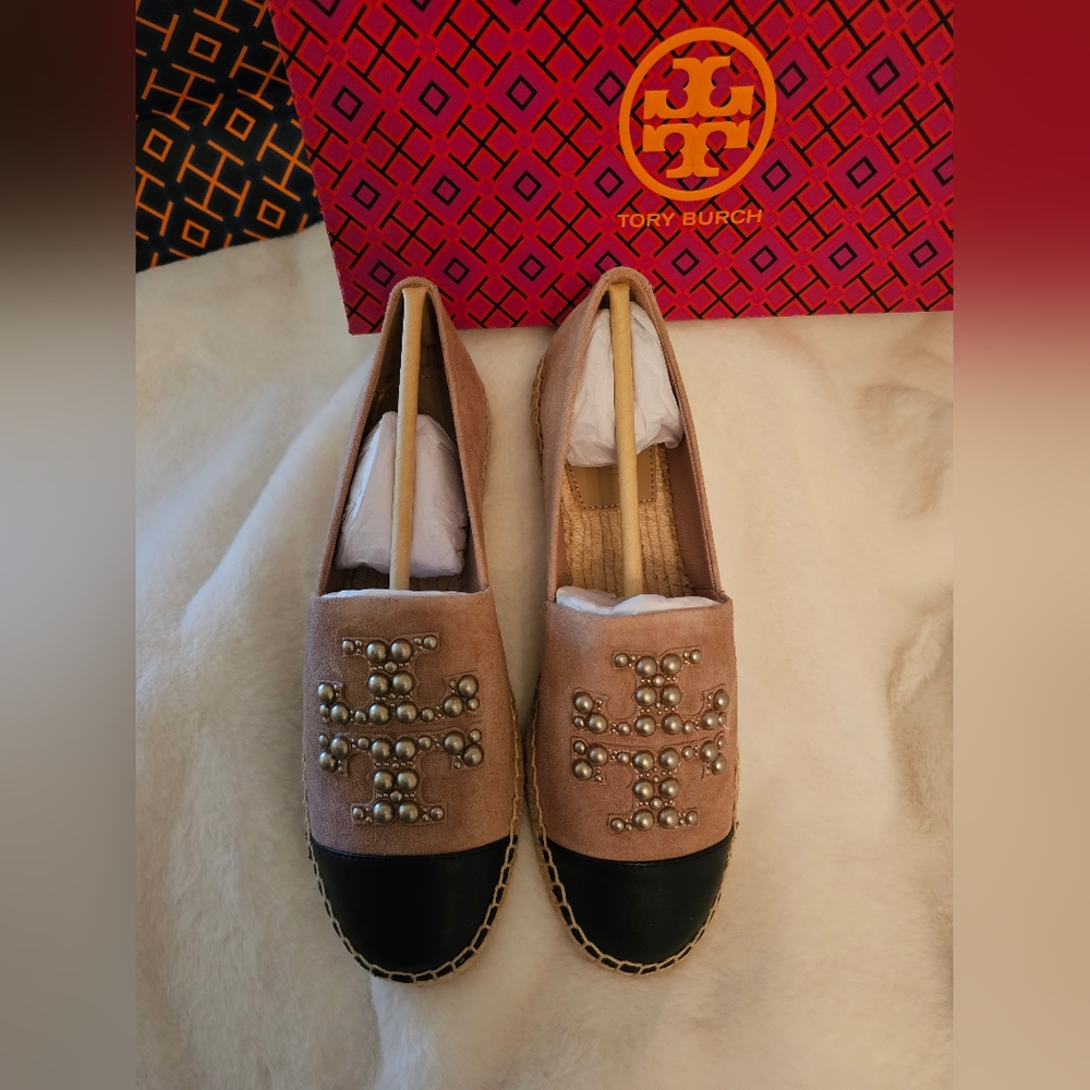 00224- NEW! TORY BURCH PEARL LOGO FLAT ESPADRILLE SENSORY MFO-SUEDE- - Picture 6 of 11